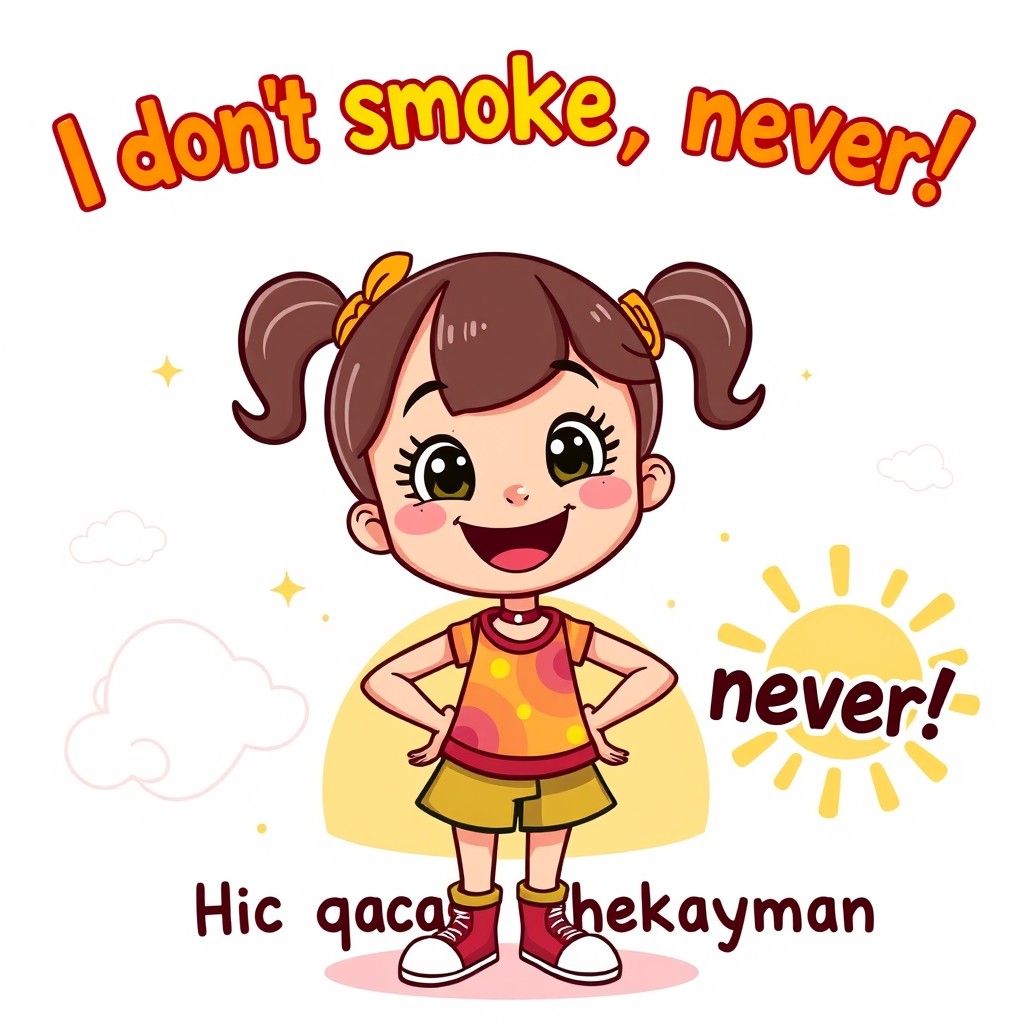 A cheerful cartoon girl with a bright smile, having lively expressions and wearing a colorful outfit
