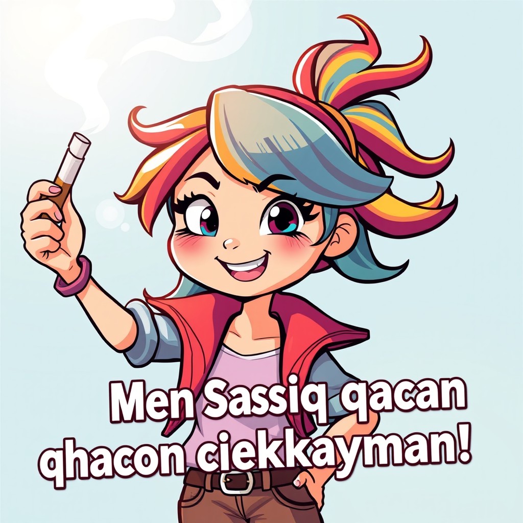 A cartoon girl with vibrant, colorful hair, wearing a stylish outfit, confidently tossing a cigarette away into the air