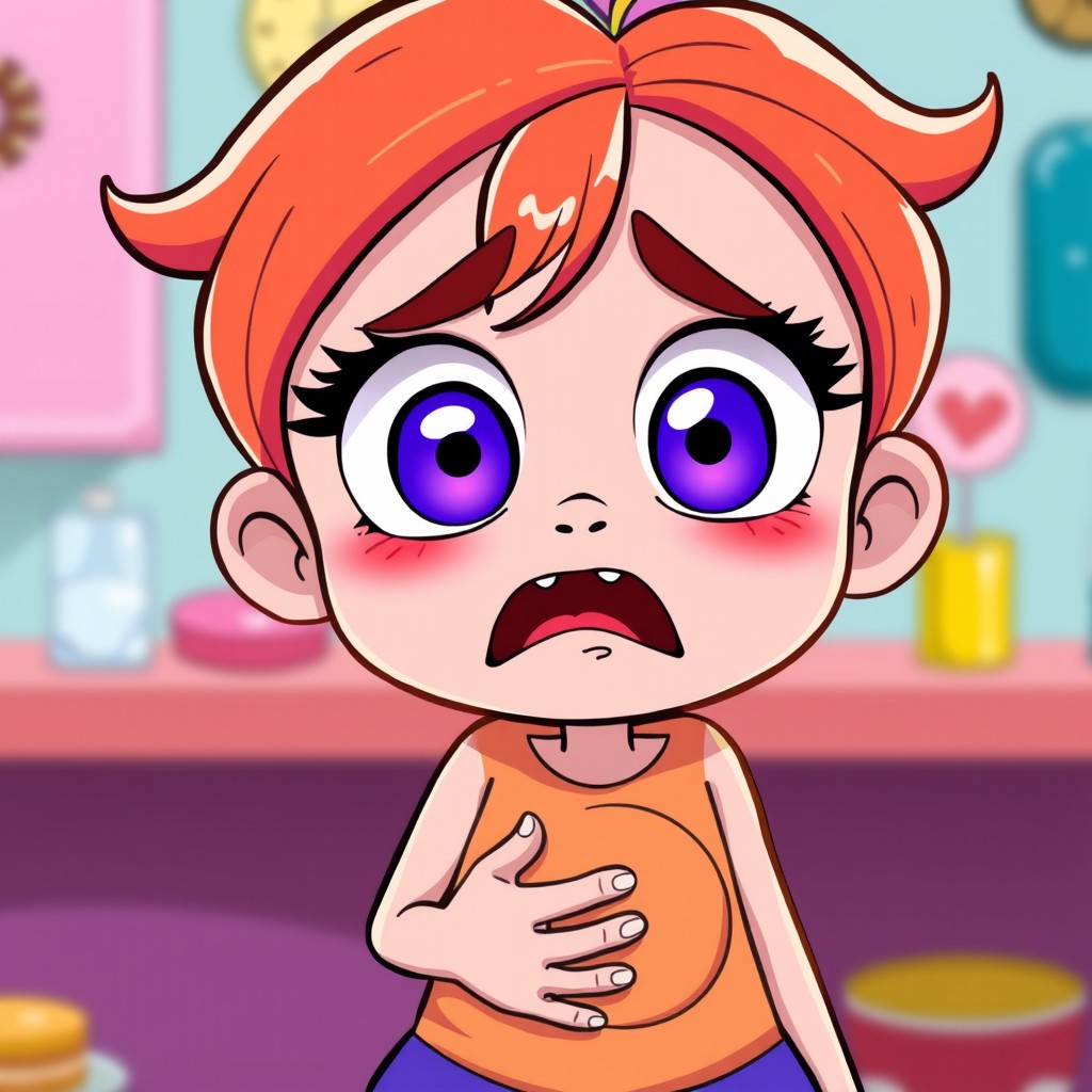 A cartoon girl with an expressive face, her eyes wide open in shock or distress, indicating she is feeling unwell