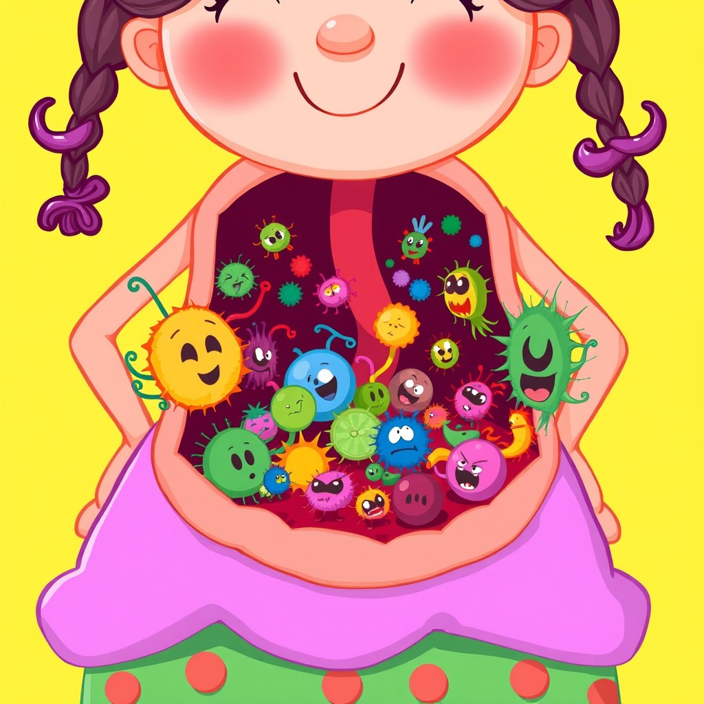 A whimsical cartoon girl with a playful expression, featuring a visible, oversized stomach area
