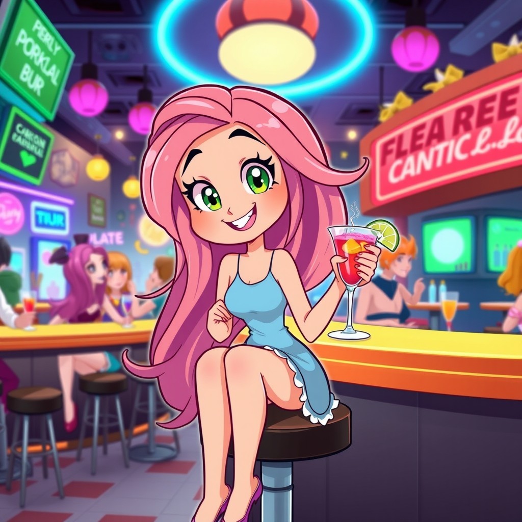 A cartoon girl sitting on a bar stool, looking tipsy and dizzy with a playful smile, her head tilted slightly as she holds a colorful cocktail in one hand