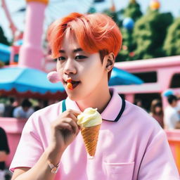 Park Jimin from Korean boy band BTS casually eating ice cream at a vibrant amusement park.