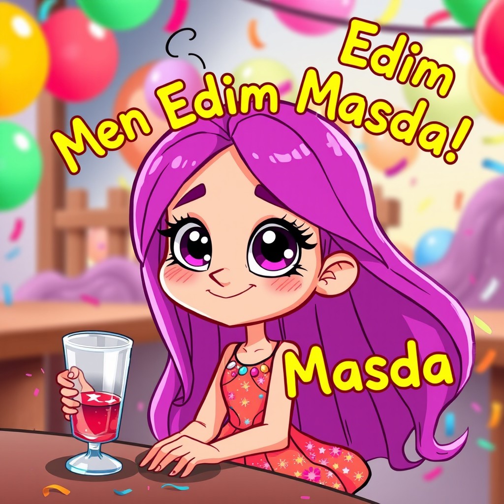 A cartoon girl, with long, vibrant purple hair, wearing a colorful, playful dress adorned with sparkles