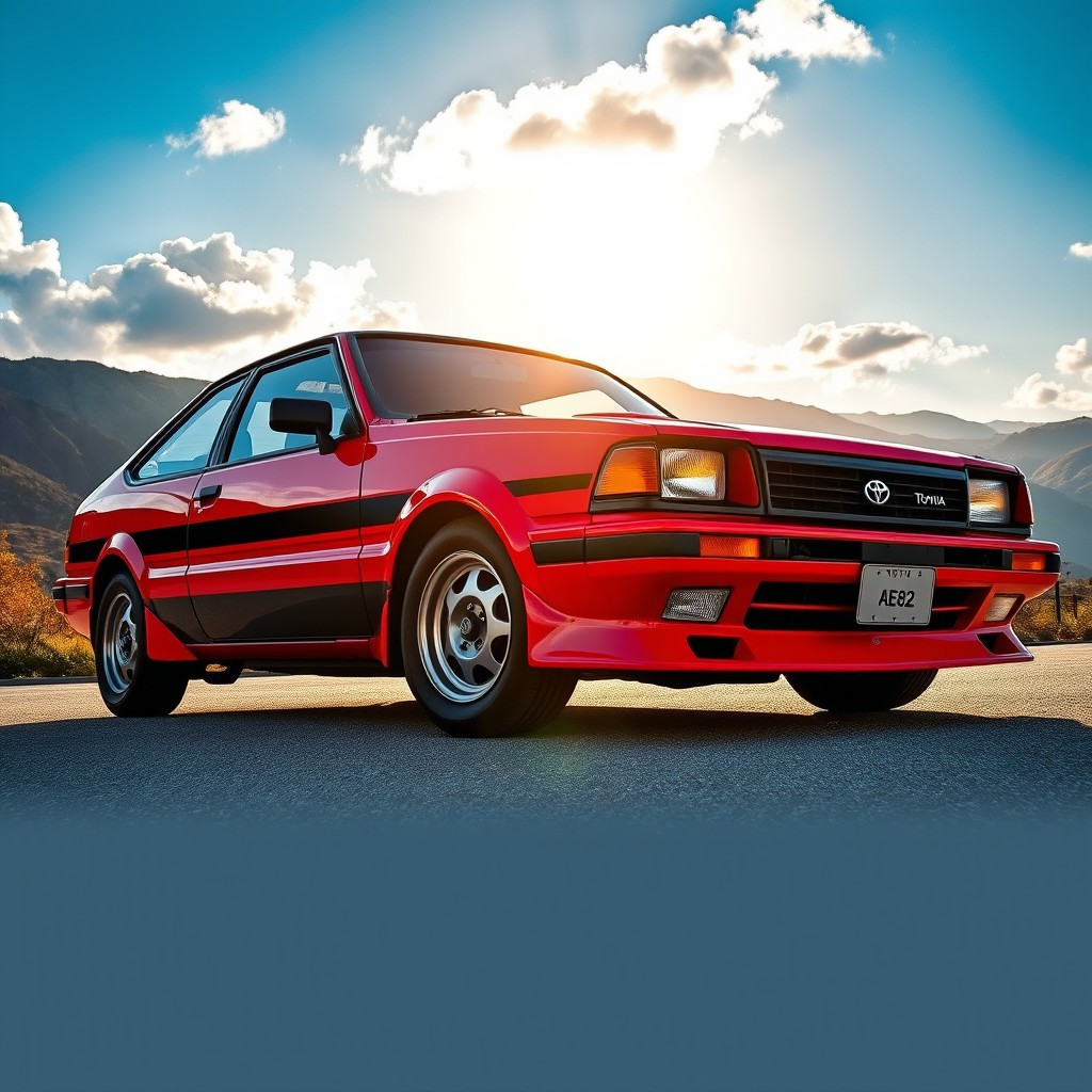 A stunning Toyota Corolla AE82 parked in a picturesque setting, showcasing its classic design and sporty lines