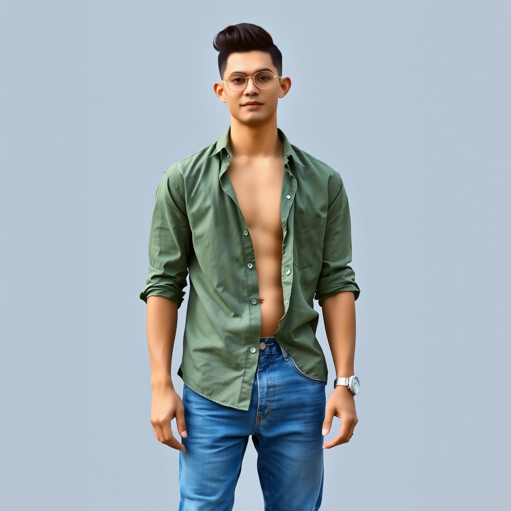 A realistic full-body portrait of a 23-year-old man, standing at 1