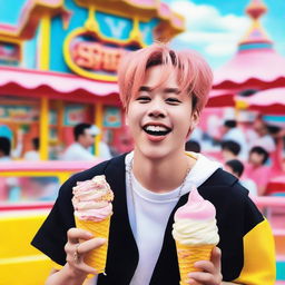 Park Jimin from Korean boy band BTS casually eating ice cream at a vibrant amusement park.