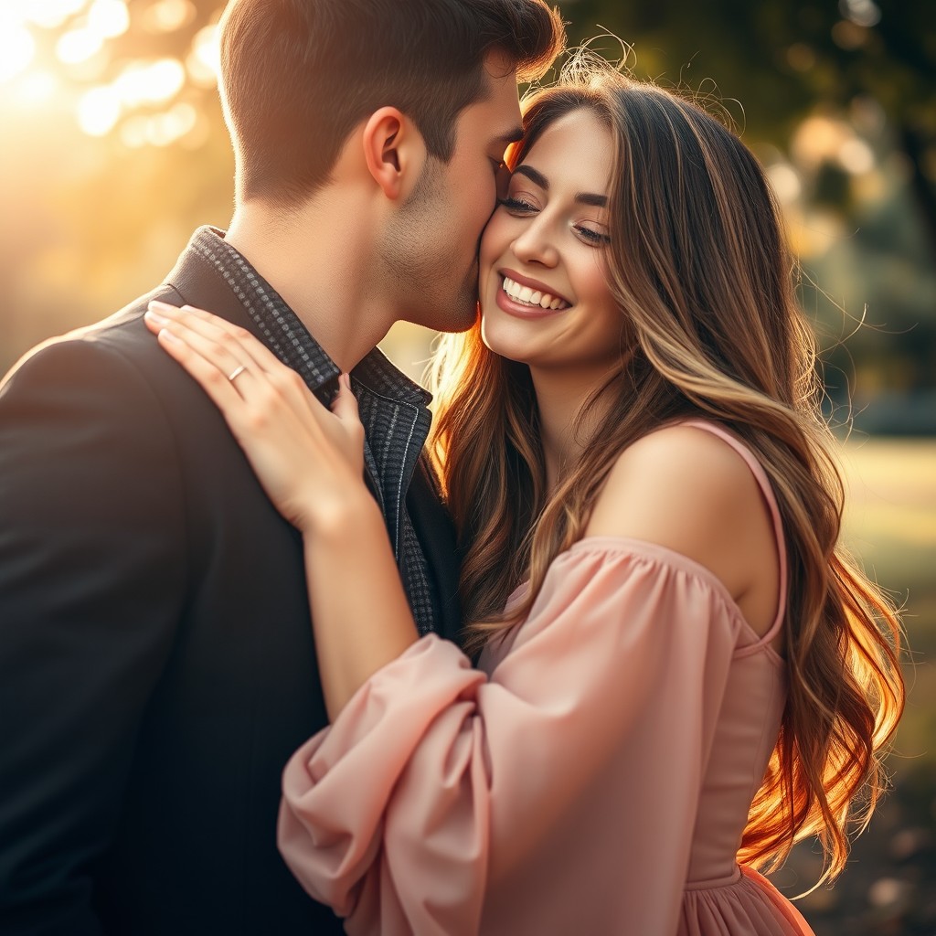 A romantic scene featuring a beautiful girl leaning in to kiss a person, capturing an intimate moment