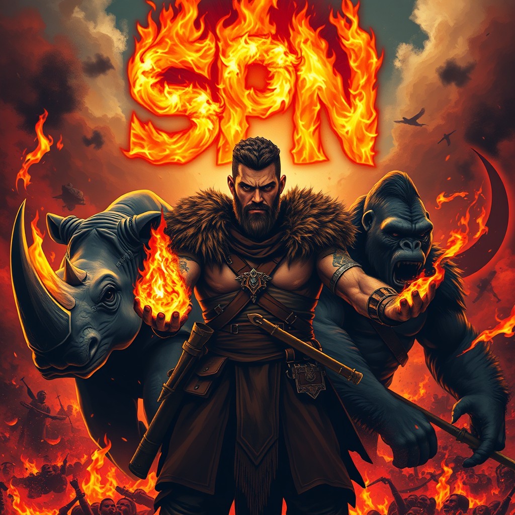 A brave warrior with short curly hair and a short beard, adorned with piercings, demonstrating the power of fire in his hands