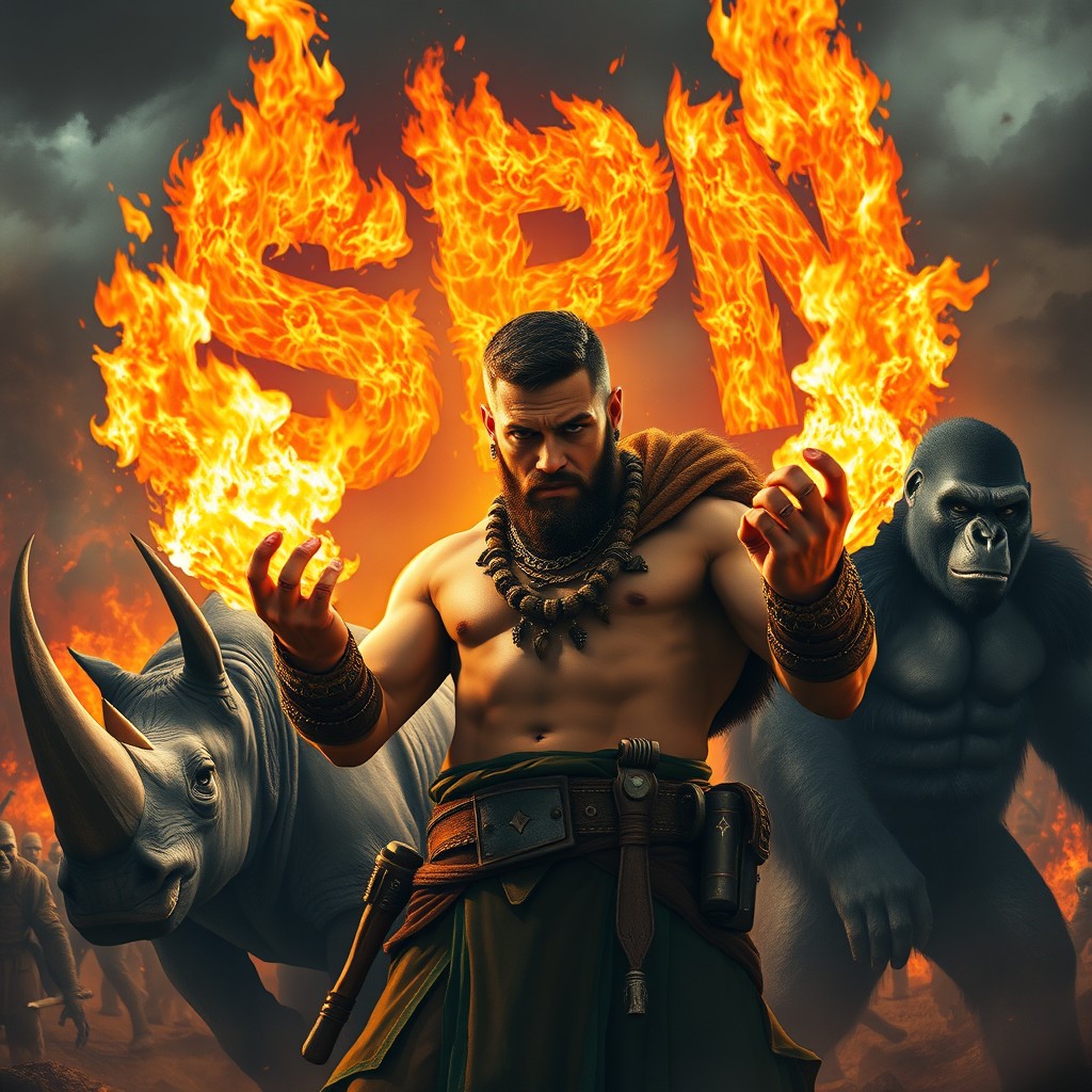 A brave warrior with short curly hair, a neat short beard, and various piercings, wielding the power of fire emanating from his hands
