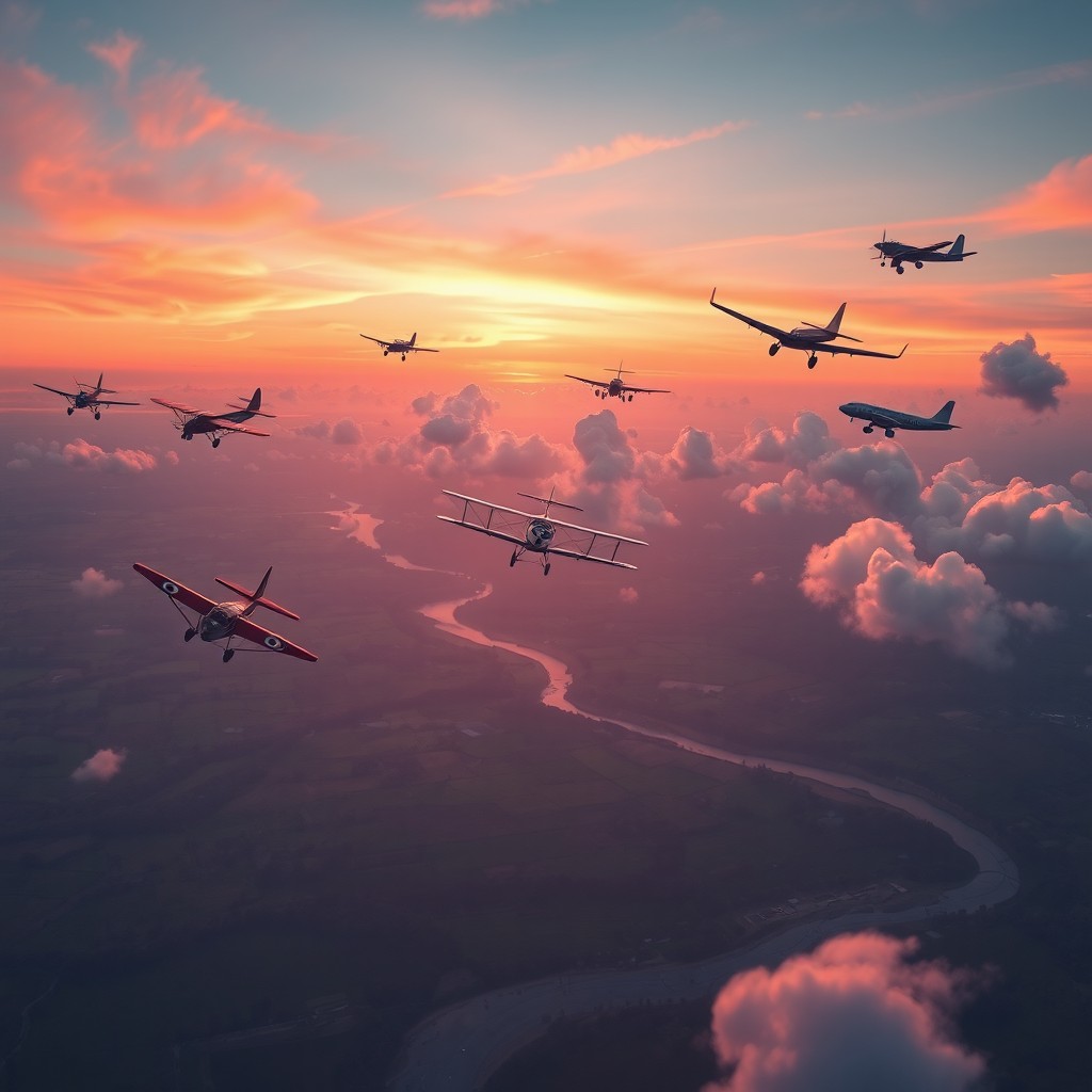 A mesmerizing scene showing a serene world viewed from above, where various planes gracefully fly through a sky illuminated by soft pastel colors during sunset