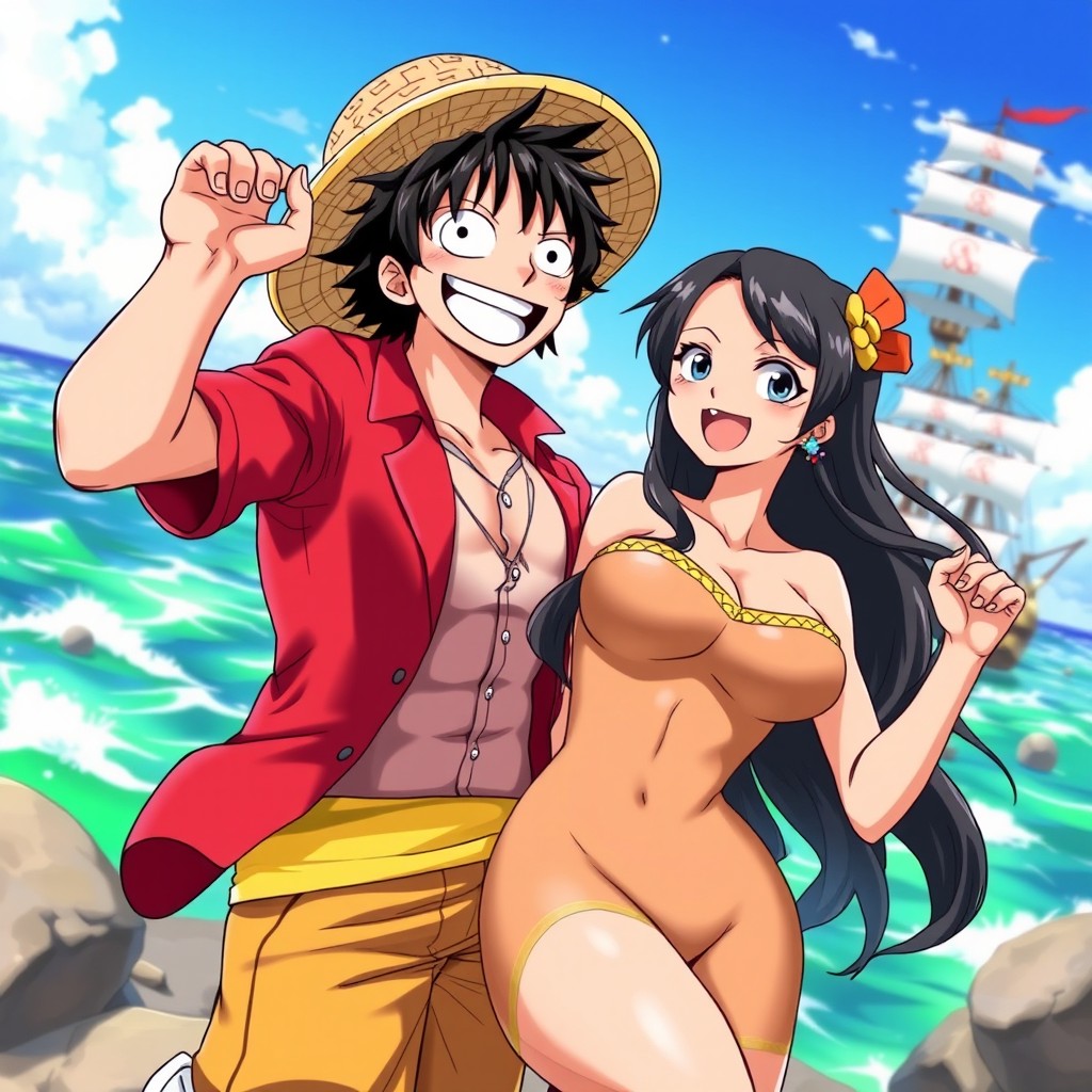 An adventurous scene featuring two anime characters, Luffy and Nico Robin, in a dynamic, romantic pose