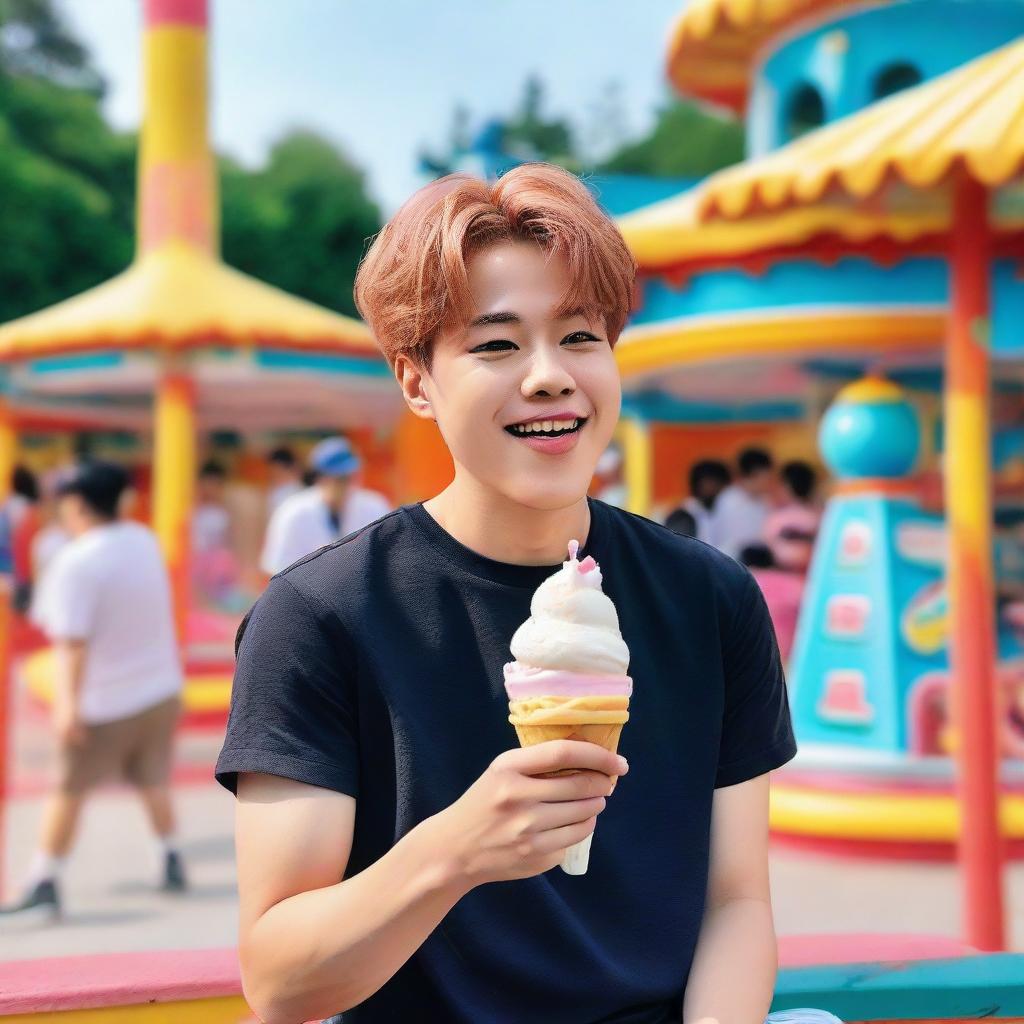 Park Jimin from Korean boy band BTS casually eating ice cream at a vibrant amusement park.