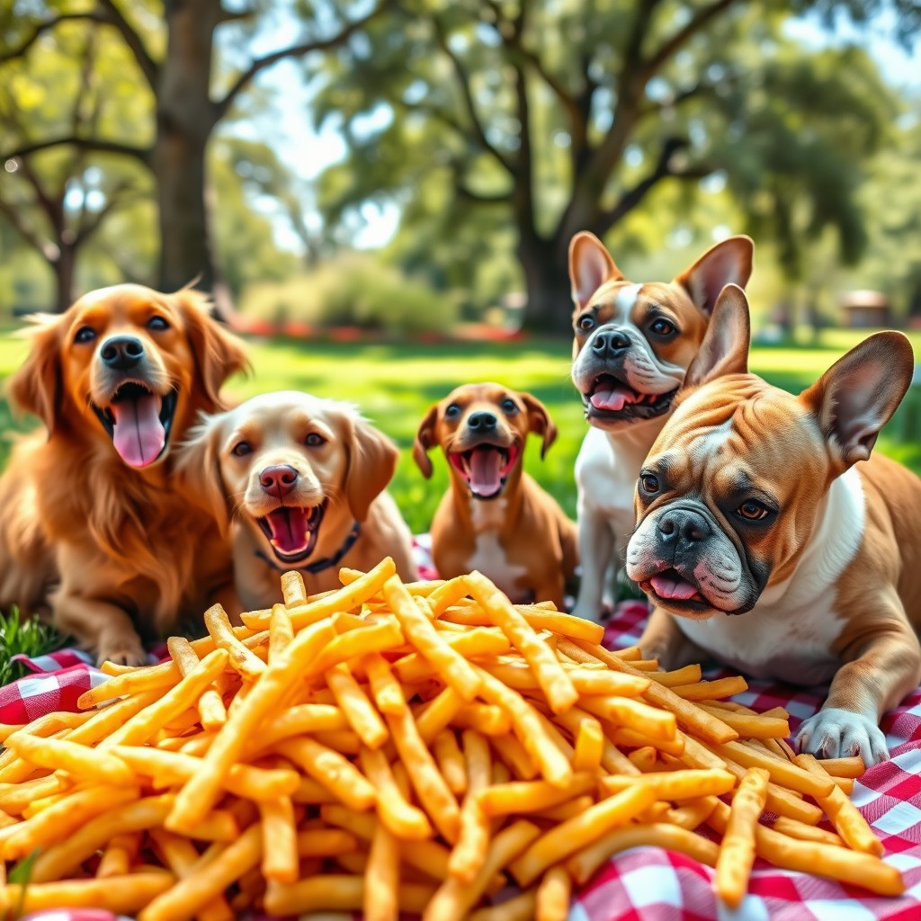 A playful scene featuring several dogs of various breeds joyfully munching on unhealthy French fries