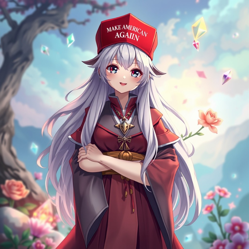 A character inspired by a fantasy anime style, resembling a female mage with long flowing silver hair and elegant robes, wearing a bright red 'Make America Great Again' hat
