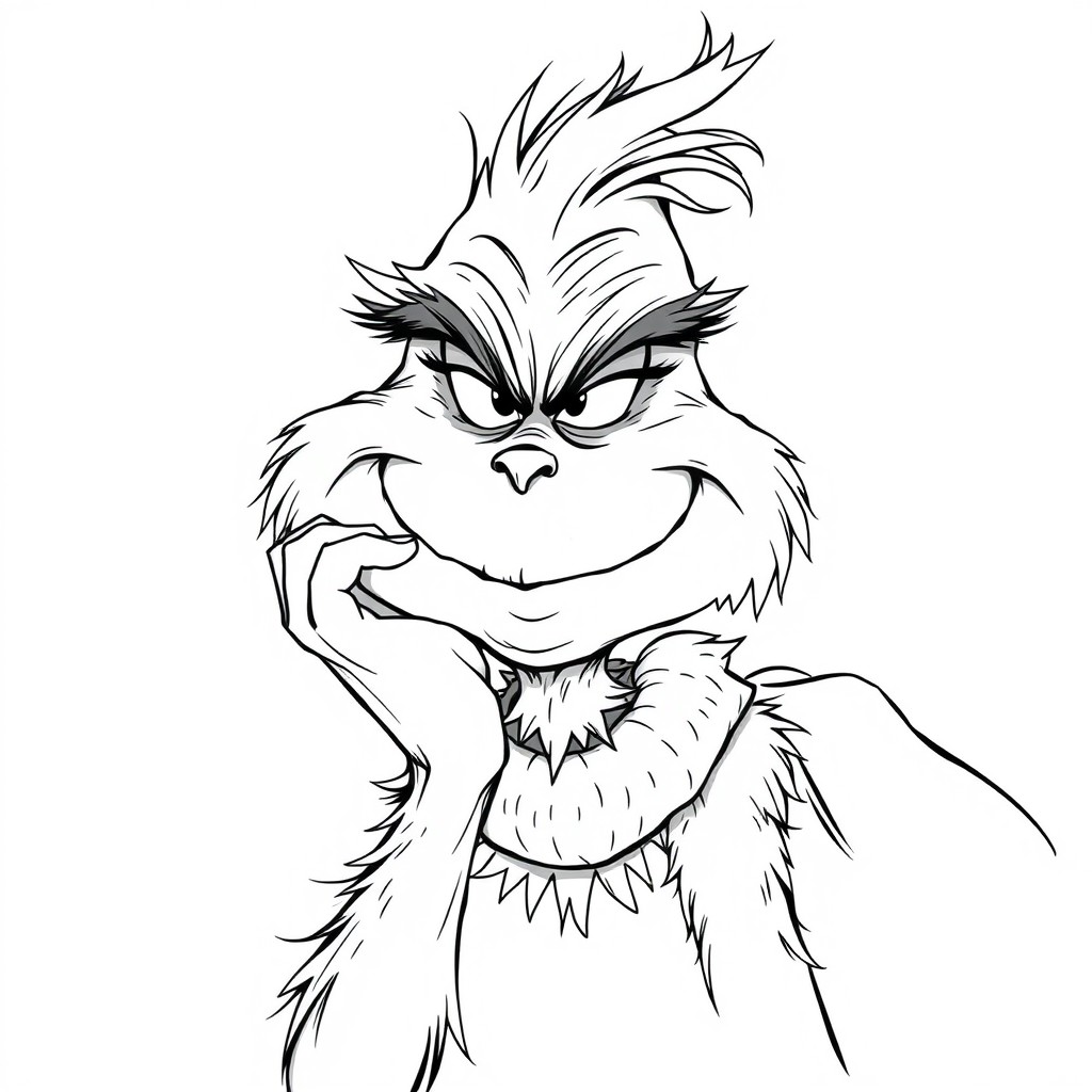 A black and white illustration of the Grinch, capturing his mischievous expression and distinctive features, such as his sly grin and bushy eyebrows