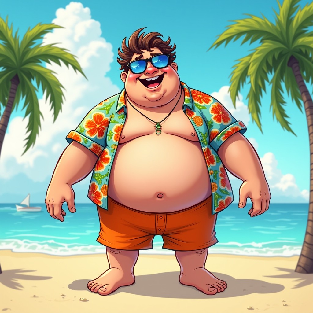A whimsical cartoon-style depiction of a chubby man with a big belly, wearing a colorful Hawaiian shirt and bright orange shorts, standing joyfully on a sandy beach