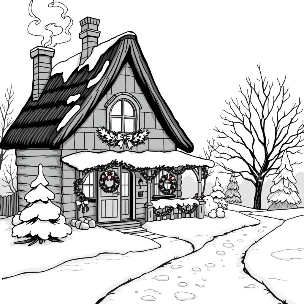 A black and white illustration of a typical Christmas fairy tale cottage, featuring a quaint, charming design with a steeply pitched roof, smoke curling from the chimney, and snow gently clustering on the roof and windowsills