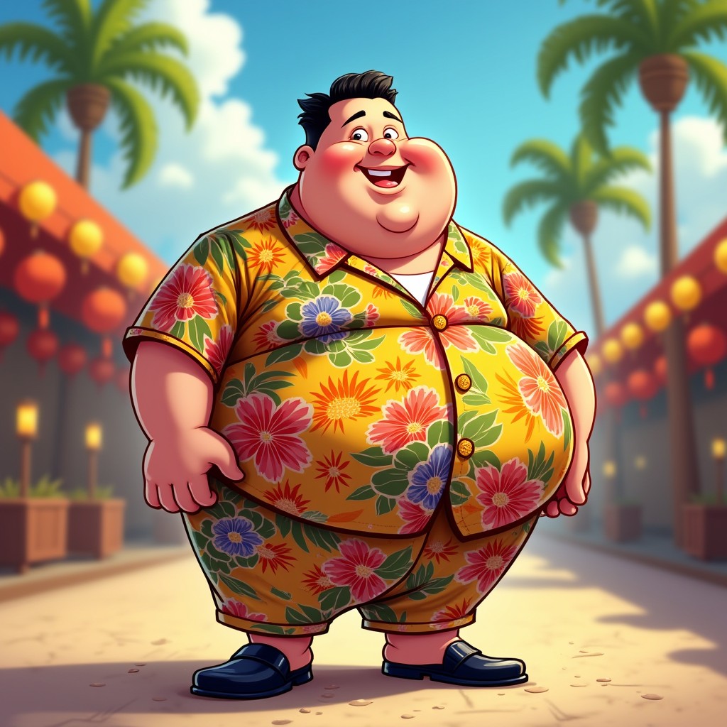 A whimsical cartoon-style illustration of a chubby man in a colorful terno, a traditional formal Philippine outfit, featuring bold floral patterns and vibrant colors