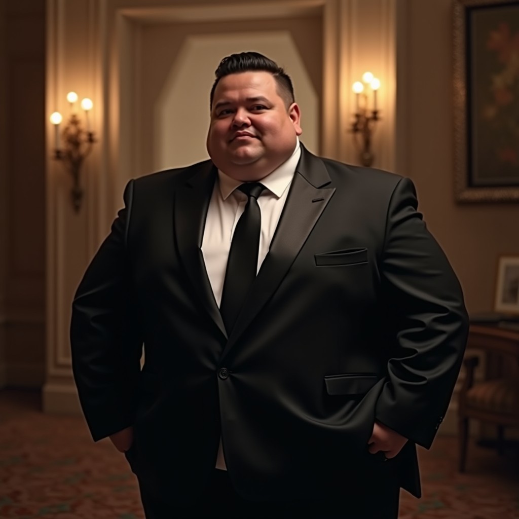 A realistic portrait of a chubby man in an elegant black terno with a matching tie, set against a softly blurred upscale event backdrop