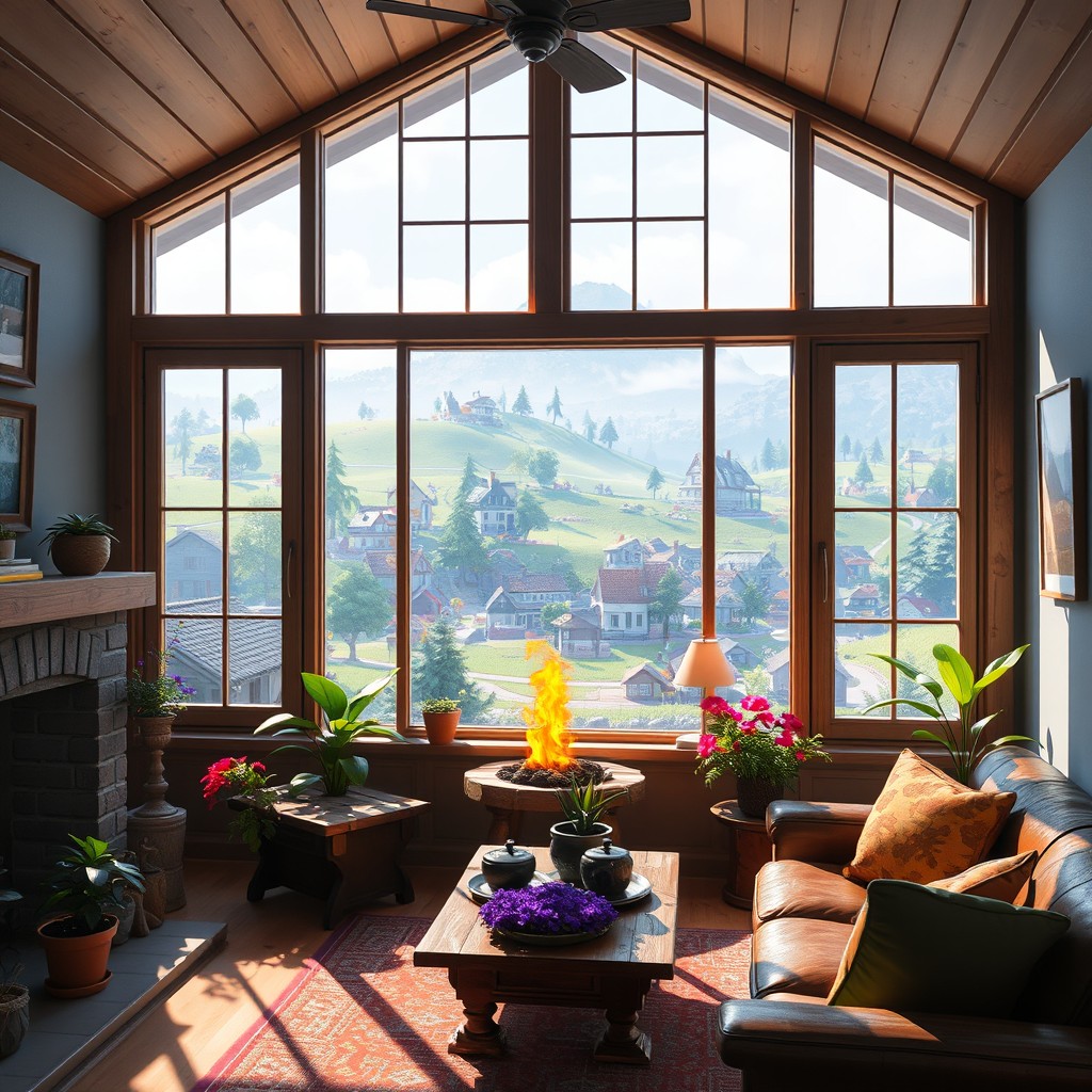 Inside a cozy, well-decorated room with large windows, looking out onto a vibrant village in the Misty Meadows environment of Fortnite