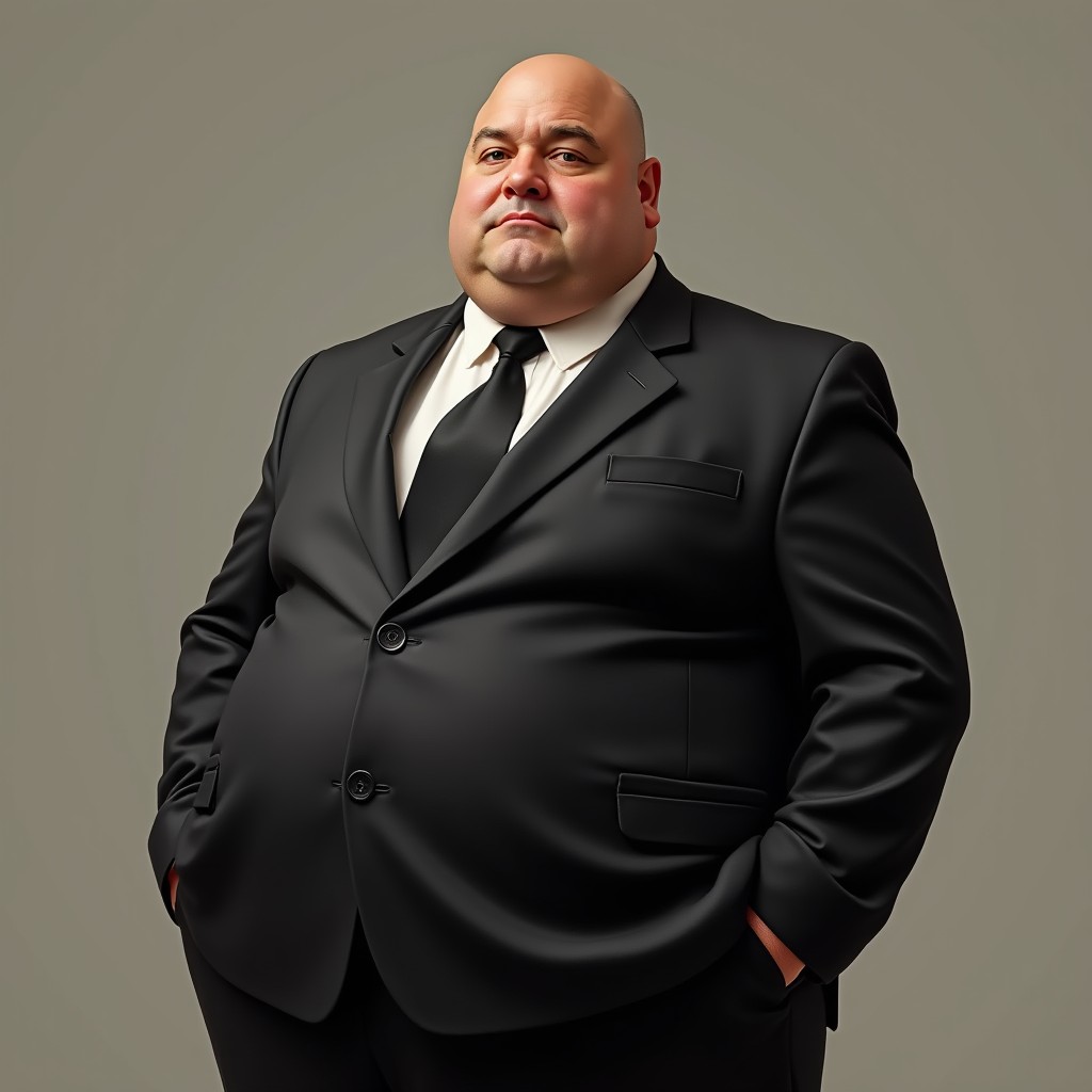 A realistic portrait of a chubby man in a classic black suit with a matching tie, showcasing a round face with an expressive yet serious demeanor