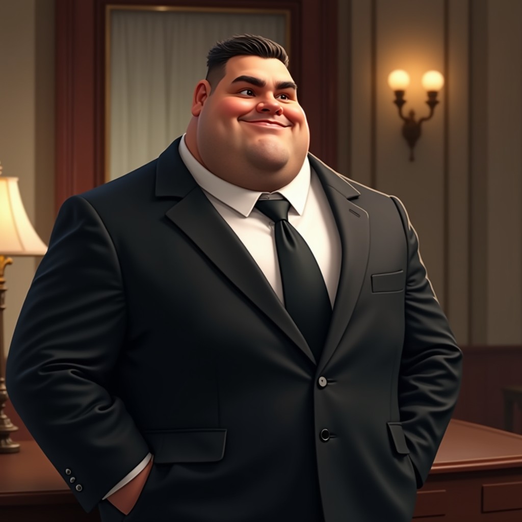 A realistic portrayal of a chubby man in a well-fitted black suit with a classic white dress shirt and a black tie