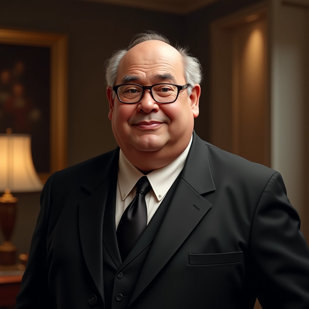 A realistic portrait of an elderly chubby man, defined by his round face and wise expression, dressed in a classic black suit and tie