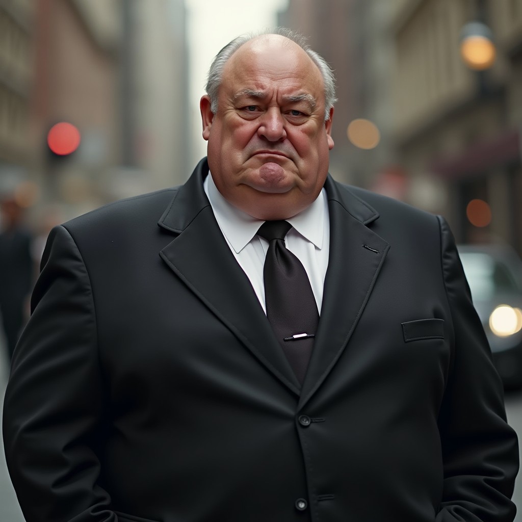 A realistic portrait of an elderly, overweight man dressed in a classic black suit and tie