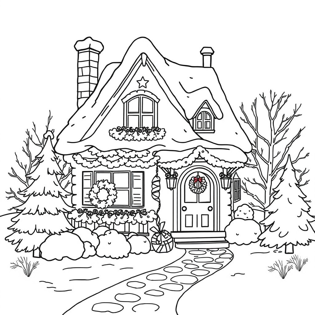 A black and white outline illustration of a typical Christmas fairy tale cottage designed for coloring