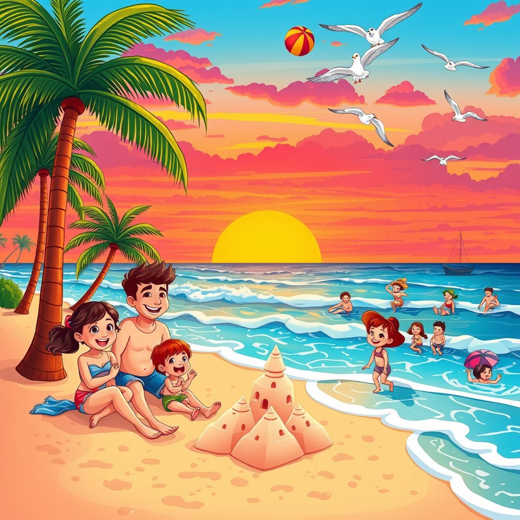 A vibrant cartoon family enjoying a beach holiday at sunset, featuring a stunning sky filled with colorful hues of orange, pink, and purple