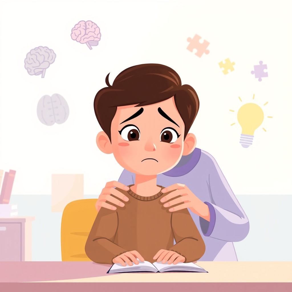 A Pixar-style cartoon illustration in a vertical 9:16 format, featuring a symbolic scene where a child with a slightly frustrated expression is situated in a classroom or home study area