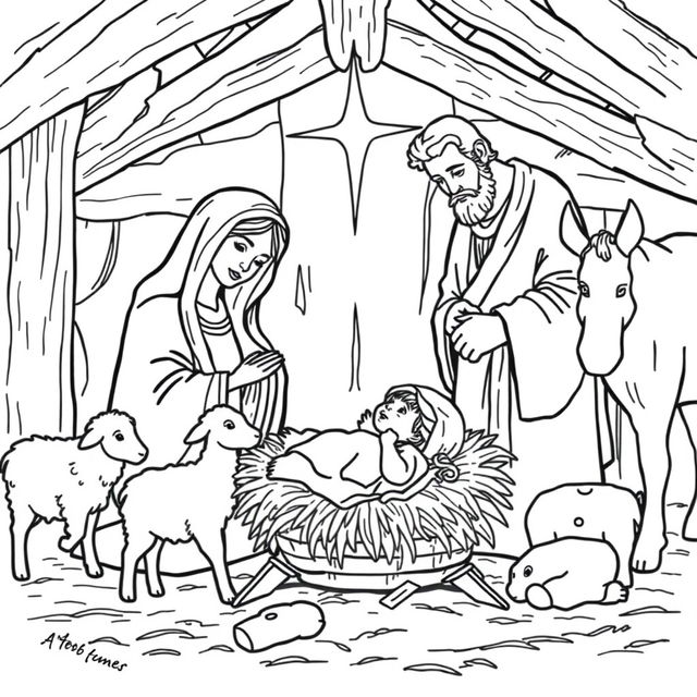 A black and white outline illustration for coloring, depicting the Baby Jesus lying in the manger, surrounded by His mother Mary and father Joseph