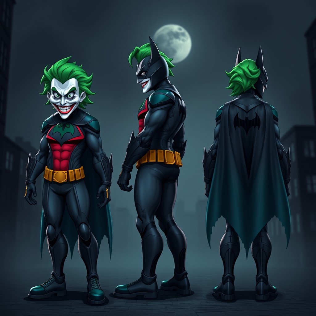 A unique fusion of the Joker and Batman, showcasing three different angles: front view, side view, and back view