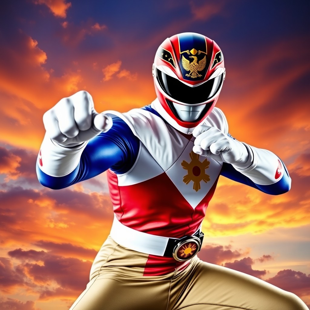 A dynamic Power Ranger striking an impressive action pose, wearing a suit adorned with the vibrant colors and design of the Philippines flag