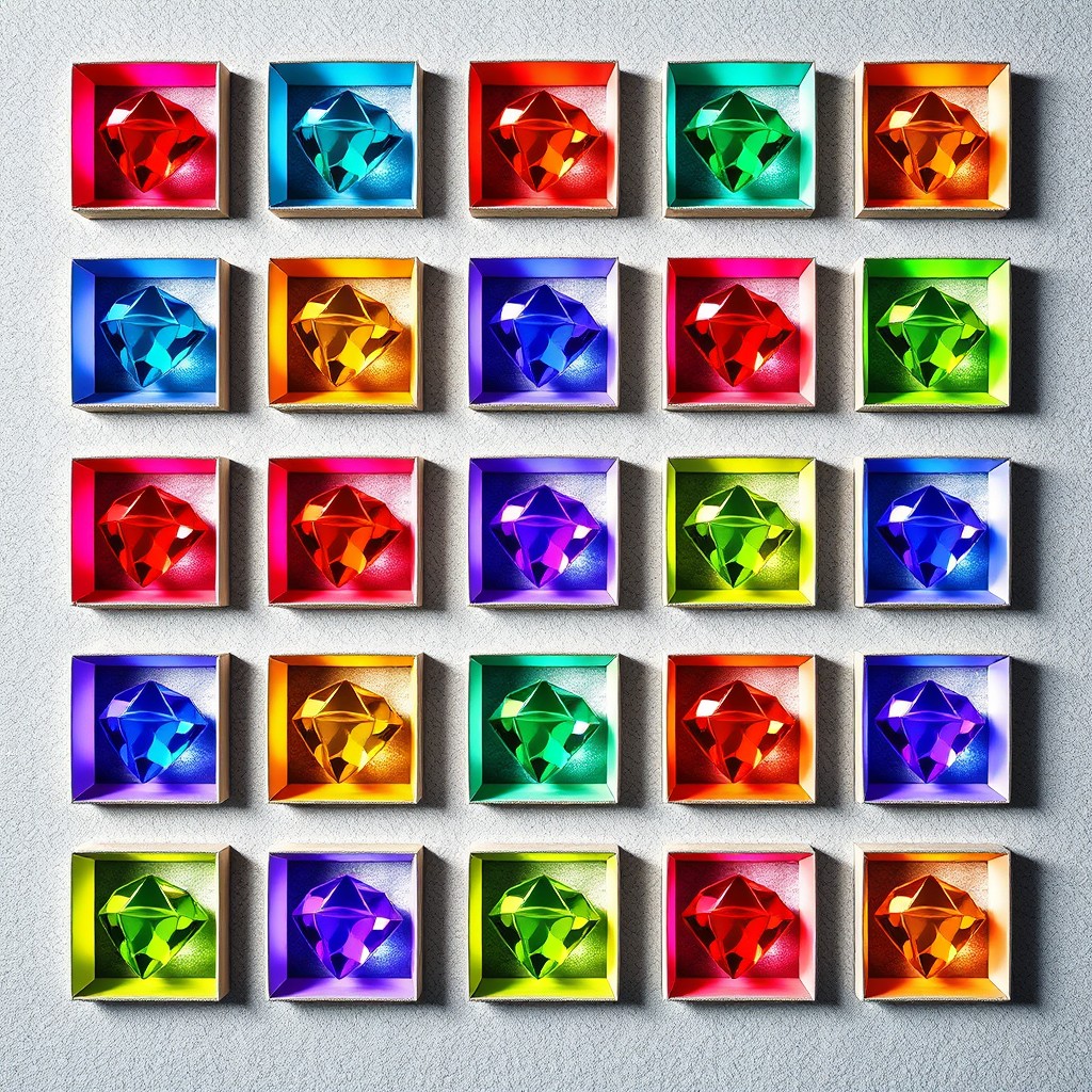 A vibrant and artistic composition featuring 25 square gaps, each filled with colorful diamonds