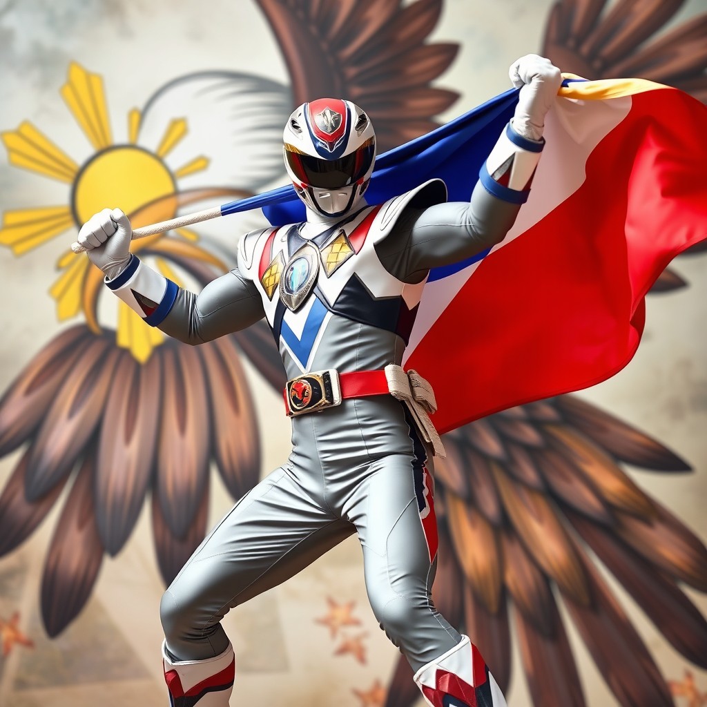 A Power Ranger in a dynamic action pose, proudly holding the Philippines flag, which features the vibrant colors of blue, red, and yellow