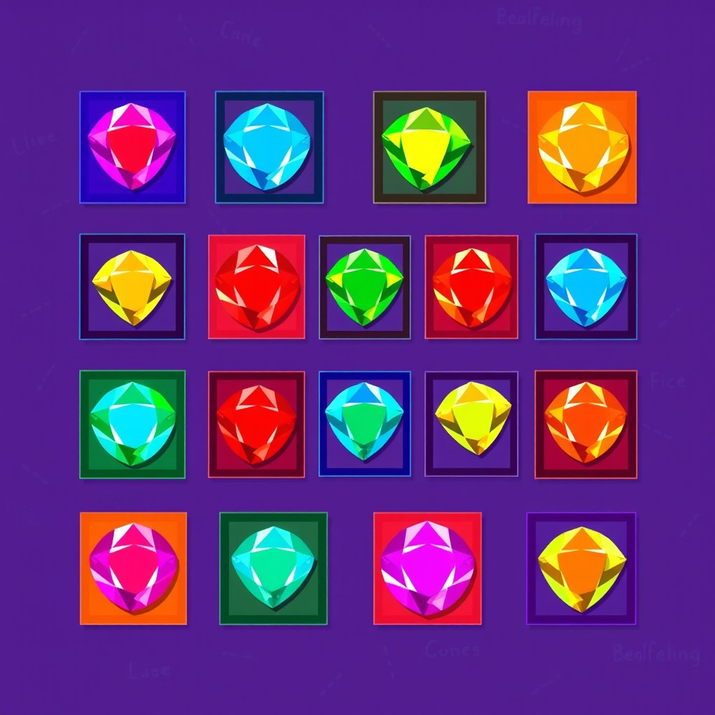 A vibrant artistic illustration featuring precisely 25 square gaps arranged in a grid pattern, with 15 colorful diamonds beautifully scattered among these gaps