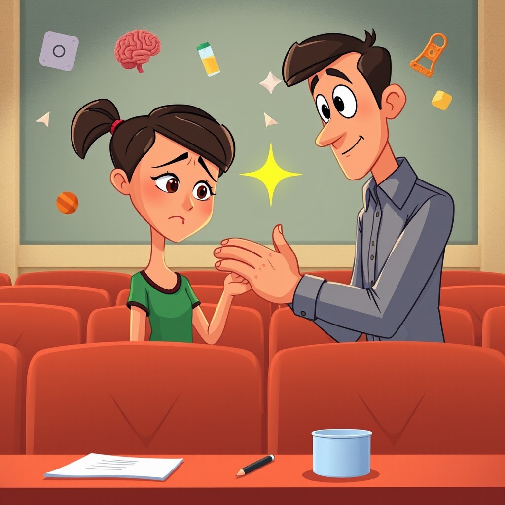 Uma ilustração de desenho animado no estilo Pixar em formato vertical 9:16, apresentando uma cena simbólica com uma criança em uma sala de aula ou área de estudo em casa, exibindo uma expressão levemente frustrada
