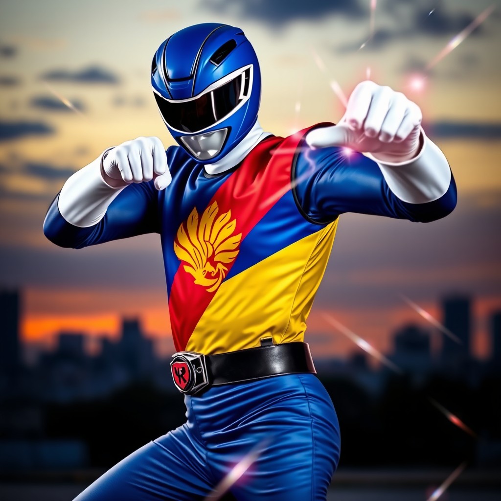 A dynamic Power Ranger striking a bold action pose, incorporating the colors and design of the Philippine flag, featuring vibrant blue, red, and yellow