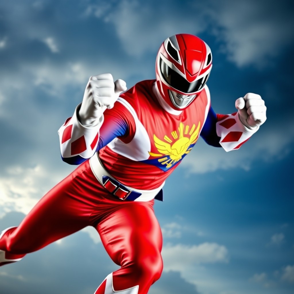 A powerful and dynamic image of a superhero in a Power Ranger suit incorporating the colors and design of the Philippine flag, showcasing vibrant red, blue, and yellow hues