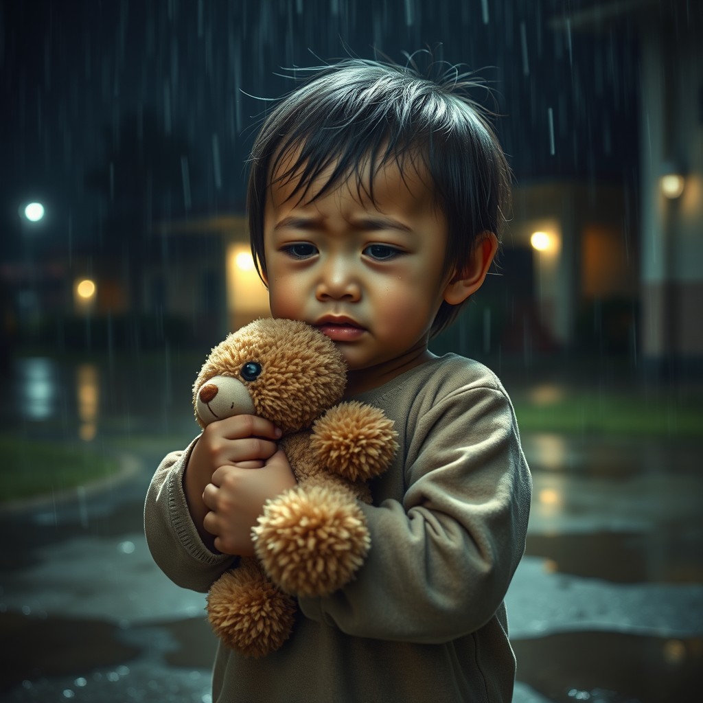 A heart-wrenching scene depicting a 3-year-old child abandoned at the doorstep of an orphanage during a rainy night