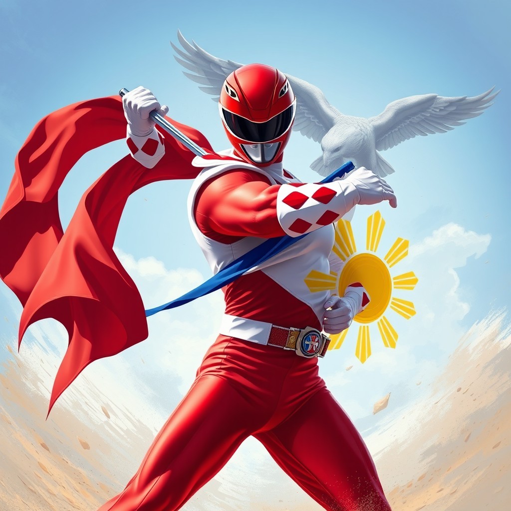 A dynamic scene depicting the Red Ranger from Power Rangers in an exciting action pose
