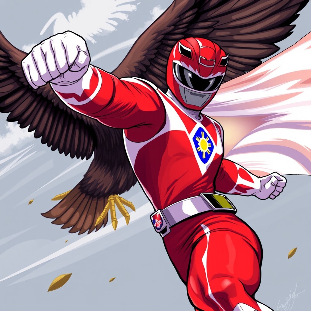 A dynamic and action-packed illustration of the Red Ranger from Power Rangers, striking a heroic pose