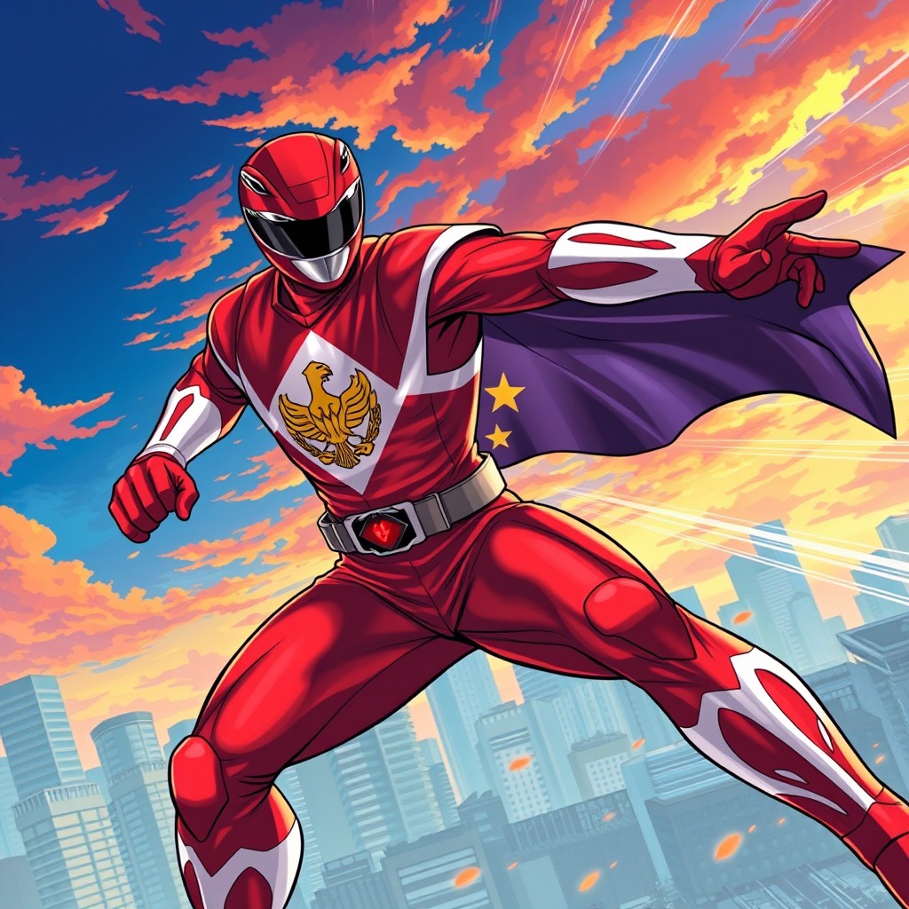 Dynamic Red Ranger Illustration with Philippine Flag - A Vivid Action Scene