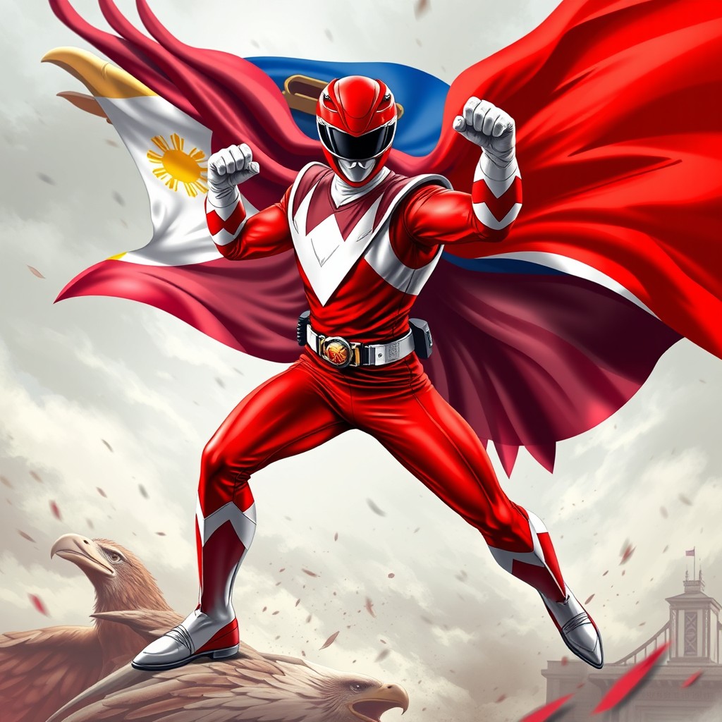 Dynamic Red Ranger Superhero Artwork with Philippine Eagle Fusion