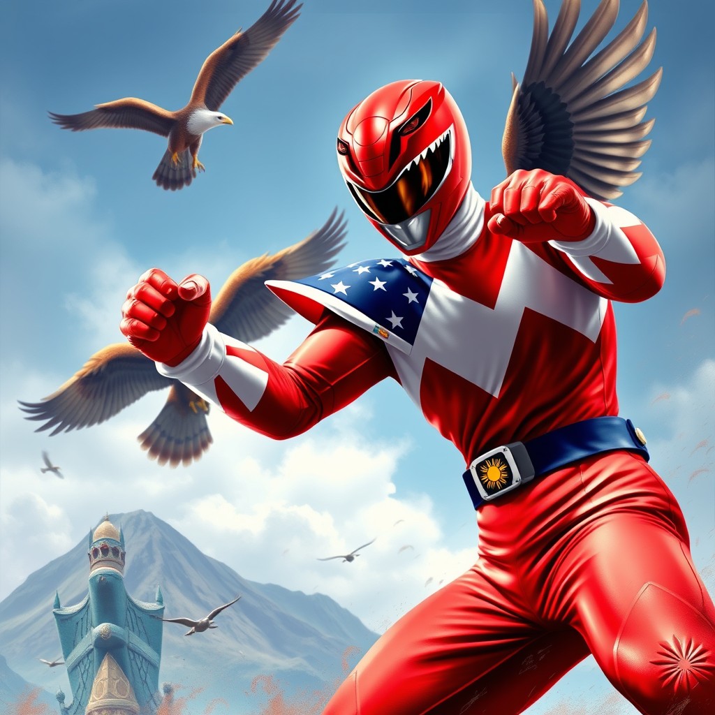 A dynamic depiction of the Red Ranger from Power Rangers, striking a powerful action pose