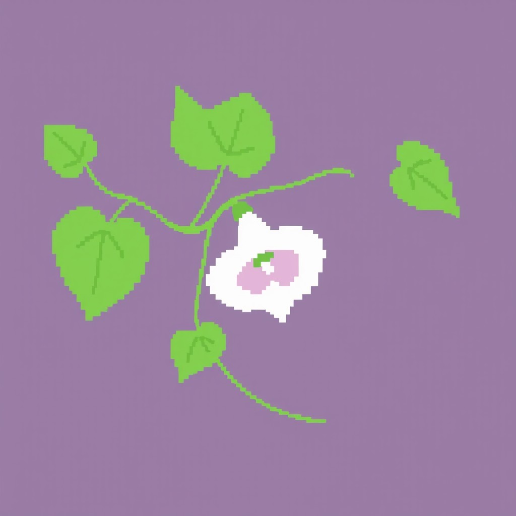 A simple pixel art representation of bindweed, showcasing its characteristic vining stems, heart-shaped leaves, and funnel-shaped white flowers