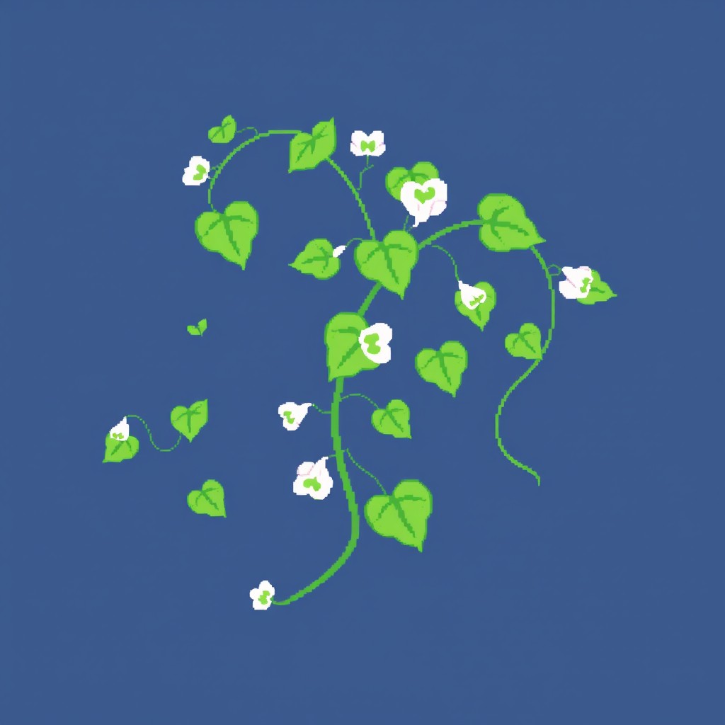 A vibrant pixel art rendition of bindweed, featuring its winding green vines, heart-shaped leaves, and tubular white flowers