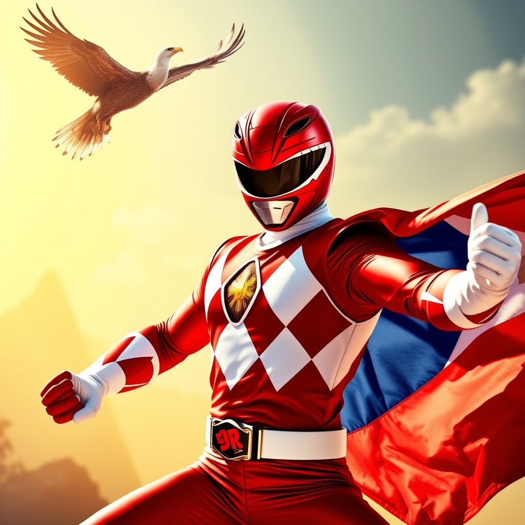 A dynamic action shot of the Red Ranger from Power Rangers, showcasing him in an intense battle stance