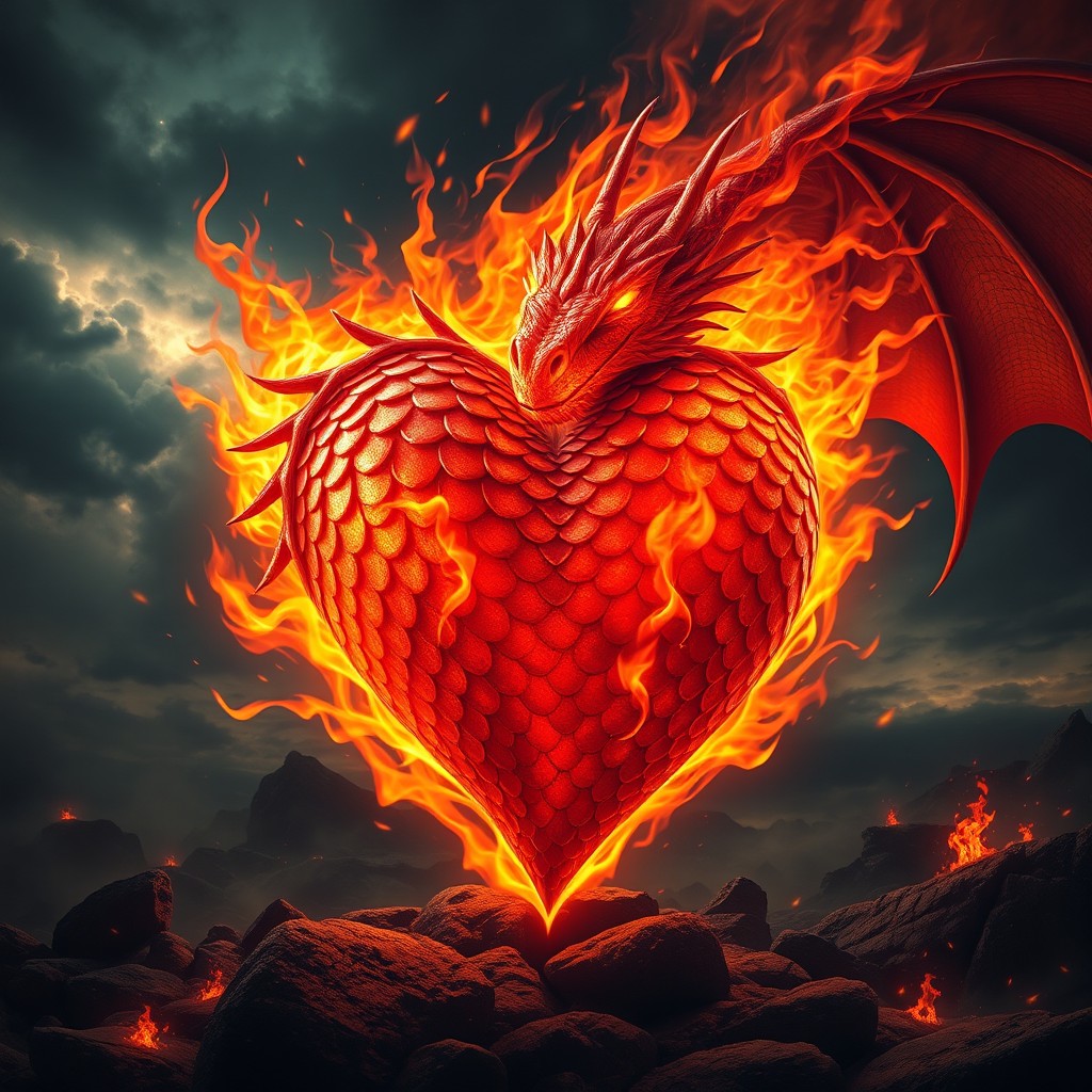 A burning heart engulfed in flames, intricately designed with scales like that of a dragon